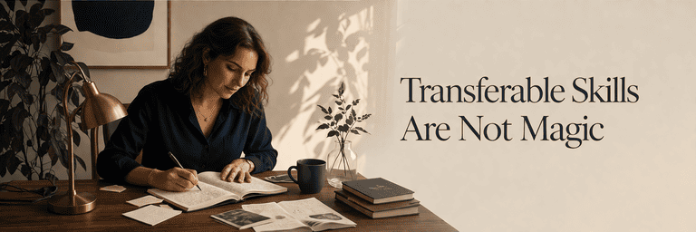 Editorial scene showing grounded transfer from past work into a believable adjacent next role