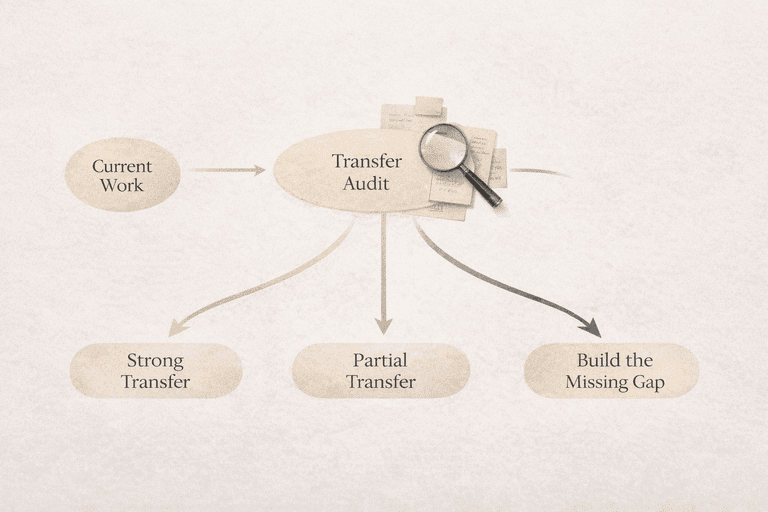 Editorial decision flow from current work to a realistic transferable-skills audit and next move