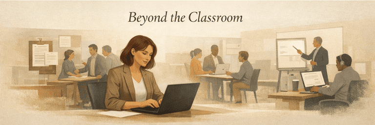 Editorial scene showing a grounded move beyond the classroom into believable adjacent paths