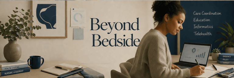 Editorial scene showing a grounded move beyond bedside care while staying close to nursing judgment