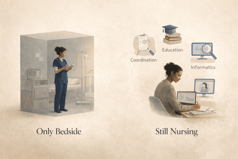 Editorial comparison of bedside-only nursing and adjacent paths that still use real nursing strengths