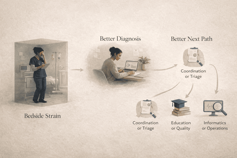 Editorial decision flow from bedside strain to clearer adjacent non-bedside nursing paths