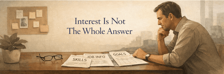 Editorial scene showing useful exploration signal held inside a more grounded career-decision frame