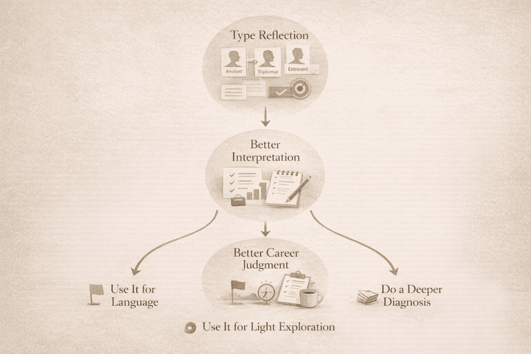 Editorial decision flow from personality-type reflection toward broader career judgment
