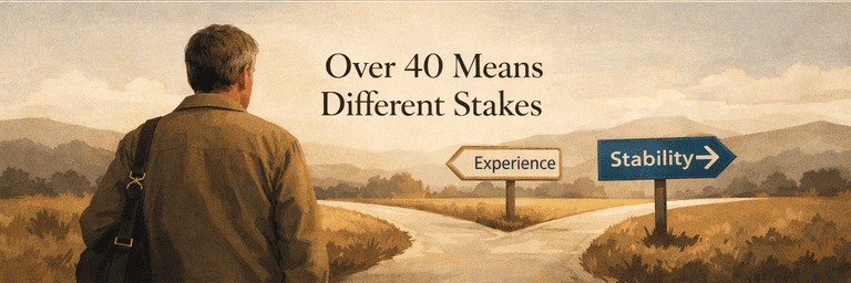 Editorial scene showing a more grounded over-40 career decision shaped by experience and constraints