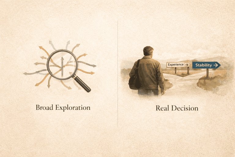 Editorial comparison between broad exploration tools and a more realistic over-40 decision framework