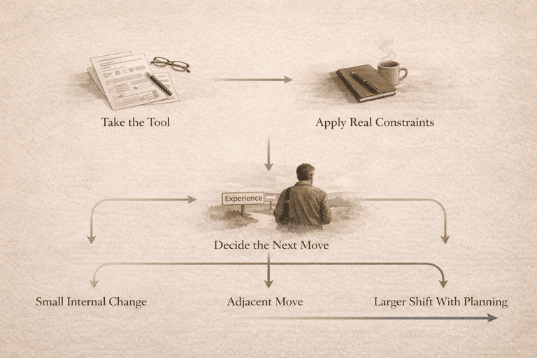 Editorial decision flow for using a career test under real midlife constraints