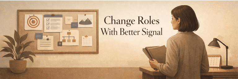 Editorial scene showing a career changer moving from broad possibility to a more grounded transition frame