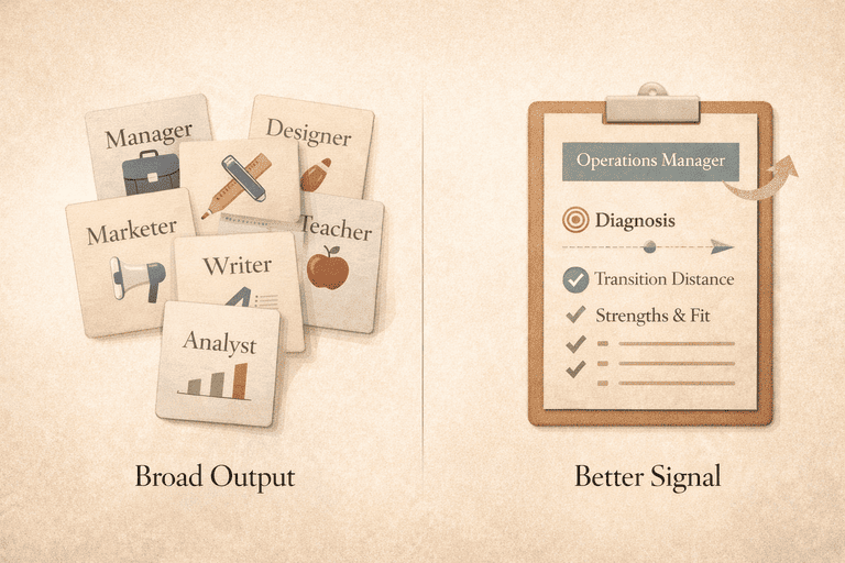 Editorial comparison between broad career-test output and a more useful transition-focused diagnostic