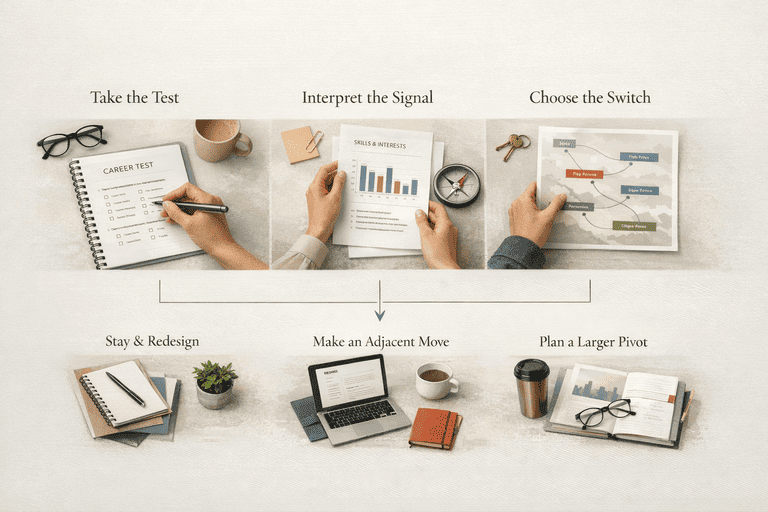 Editorial decision flow from taking a test to interpreting the signal and choosing a realistic role switch