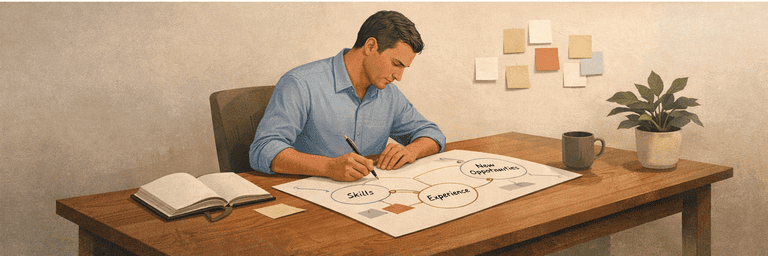 Editorial scene showing a grounded career transition built from existing strengths