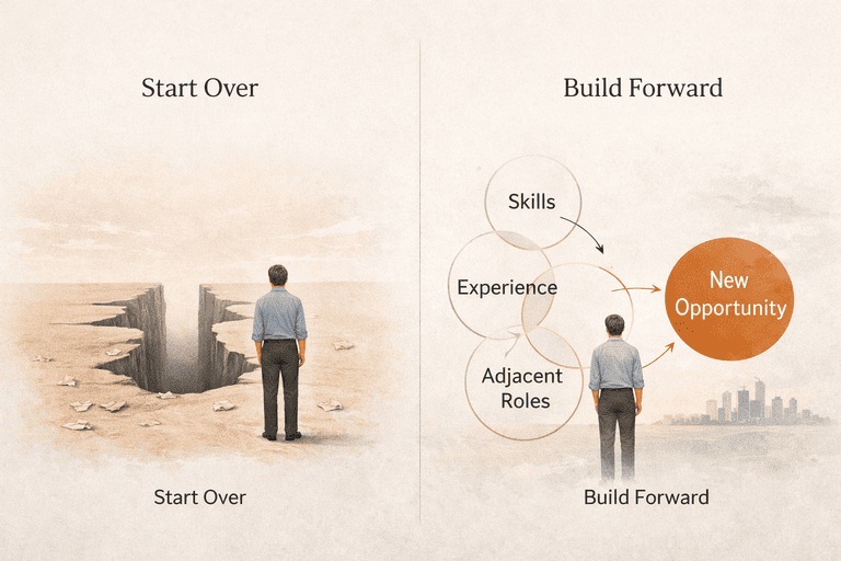 Editorial comparison of starting over versus building forward in a career transition