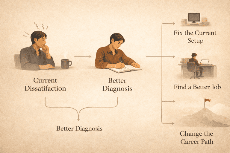 Editorial decision flow from current dissatisfaction to a better diagnosis and the right scale of move
