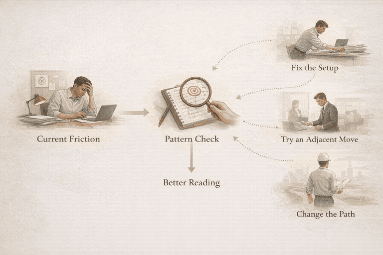 Editorial decision flow from current friction to pattern diagnosis and the right next response