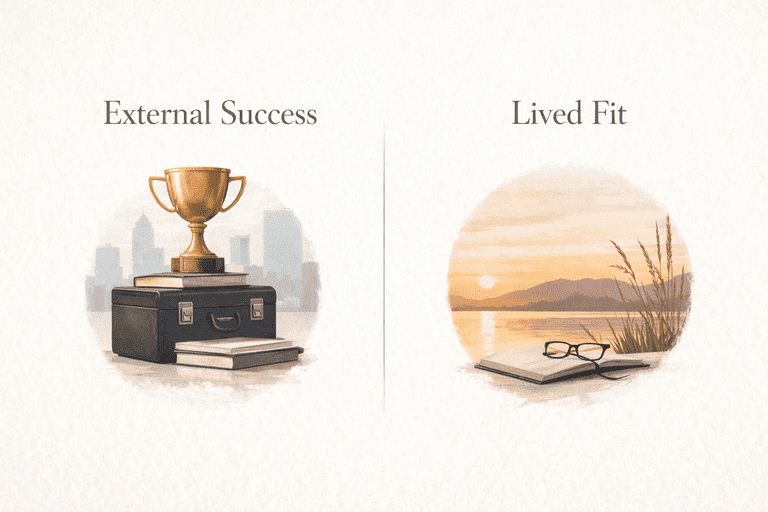 Editorial comparison between visible external success and deeper lived fit