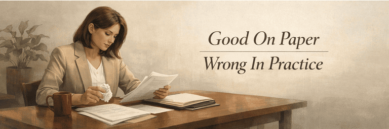 Editorial scene showing paper success re-read through clearer lived-fit evidence