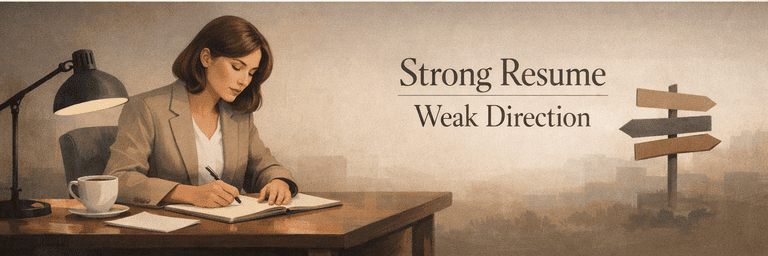 Editorial scene showing strong career proof redirected toward a more deliberate next move