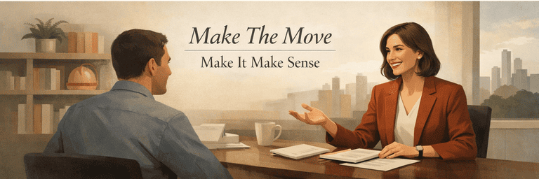 Editorial scene showing a career-change narrative becoming coherent and credible