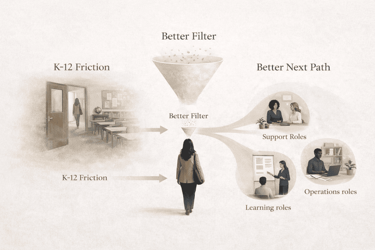 Editorial decision flow from K-12 friction to a better filter and stronger next path