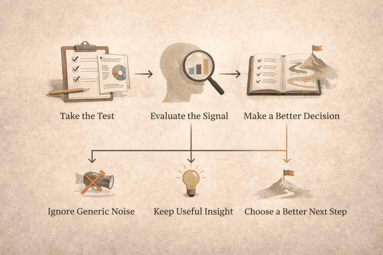 Editorial decision flow for evaluating career-test signal and choosing a better next step