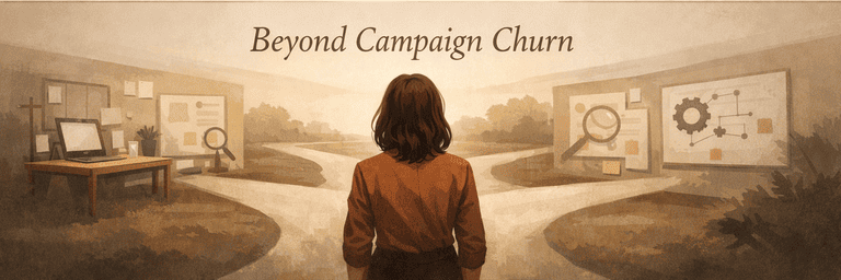 Editorial scene showing marketing strengths redirected into deeper adjacent paths