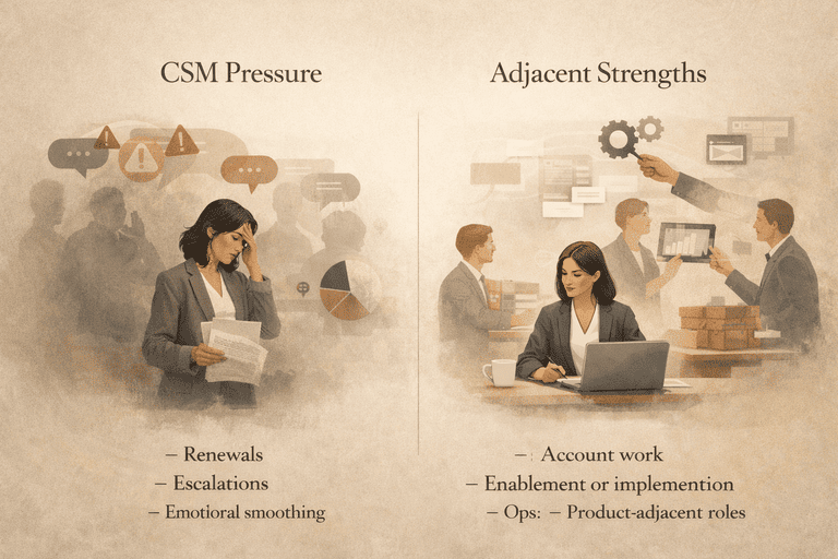 Editorial comparison between customer-success pressure and the adjacent strengths that transfer into better-fit roles