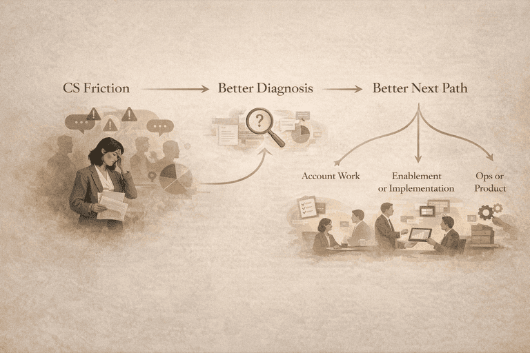 Editorial decision flow from customer-success friction to better diagnosis and a clearer adjacent path