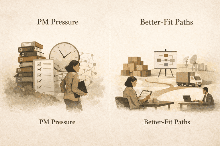 Editorial comparison between project-management pressure and adjacent better-fit paths that still use coordination and judgment