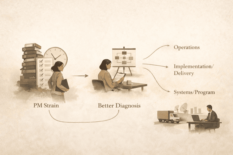 Editorial decision flow from project-management strain to better diagnosis and a clearer adjacent path
