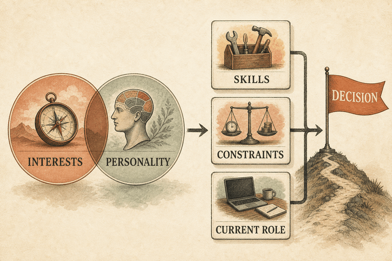 A career test can reveal interests and personality, while a real decision also needs skills, constraints, and current-role context