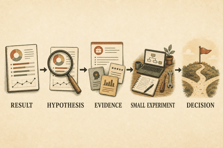 A safe career-test workflow moves from result to hypothesis, evidence, a small experiment, and then a decision