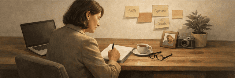 Editorial scene showing a grounded adult career decision built from existing work history