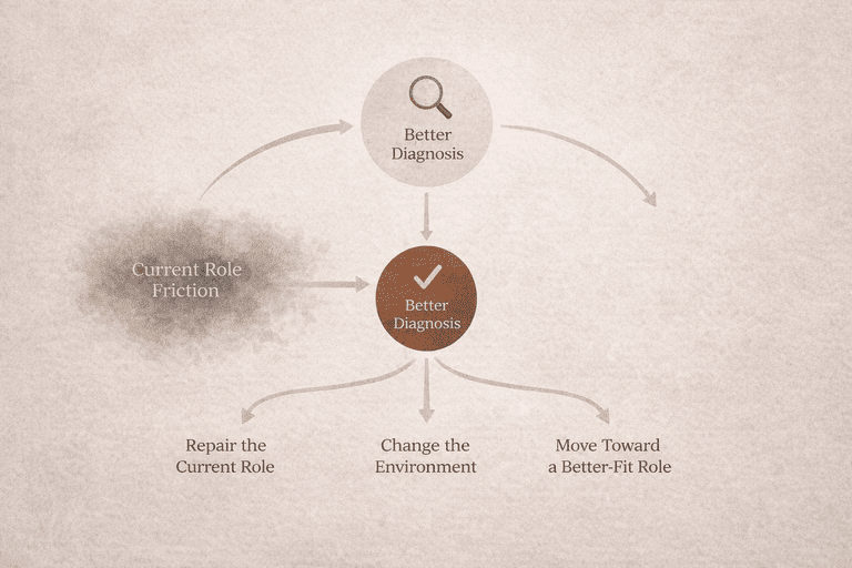 Editorial decision flow for diagnosing whether a current role needs repair, an environment change, or a better-fit move