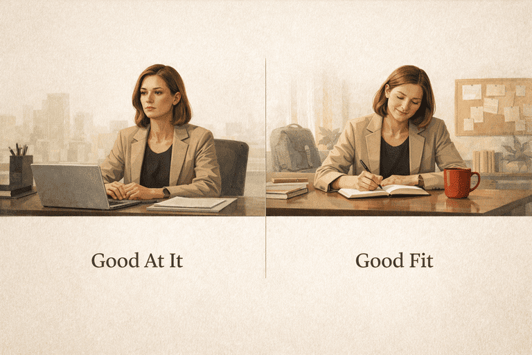 Editorial comparison of being good at the job versus being in a role that actually fits