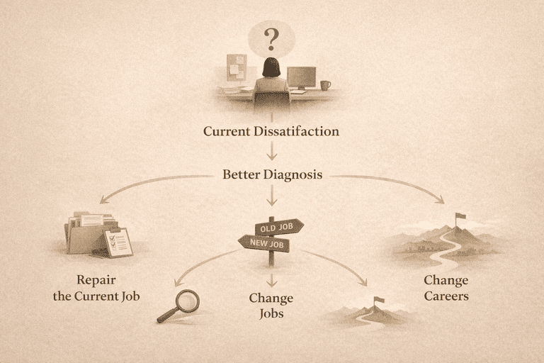 Editorial decision flow from dissatisfaction toward the right scale of career action