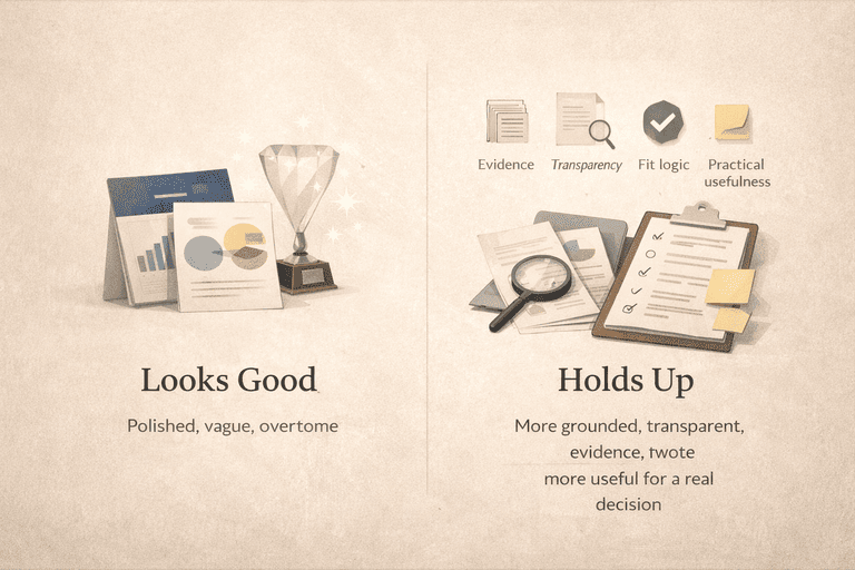 Editorial comparison of polished but weak assessments versus decision-useful credible ones