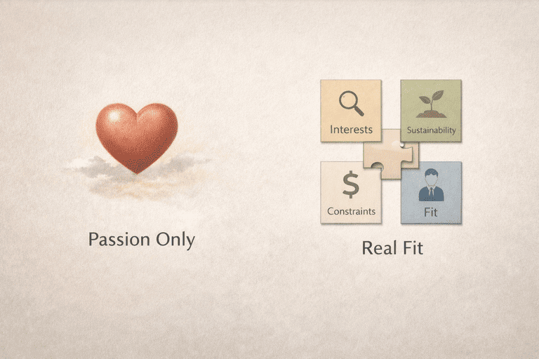Editorial comparison of passion-only career advice and a more grounded career-fit model